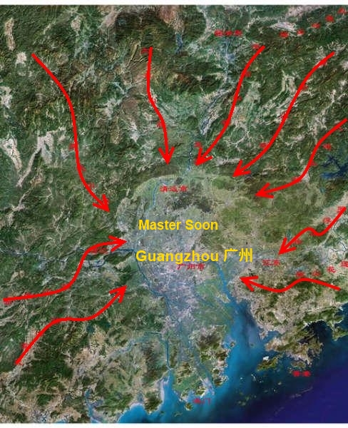 There are 9 mountainous ranges run into Basin of Pearl River, which nicely place Guangzhou in the acute centre of This 9 Dragons Land Formation. 