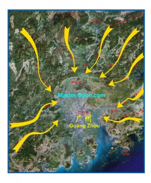 Multiple Dragons enter into the Pearl River Delta, where Guangzhou is the centre of this land formation